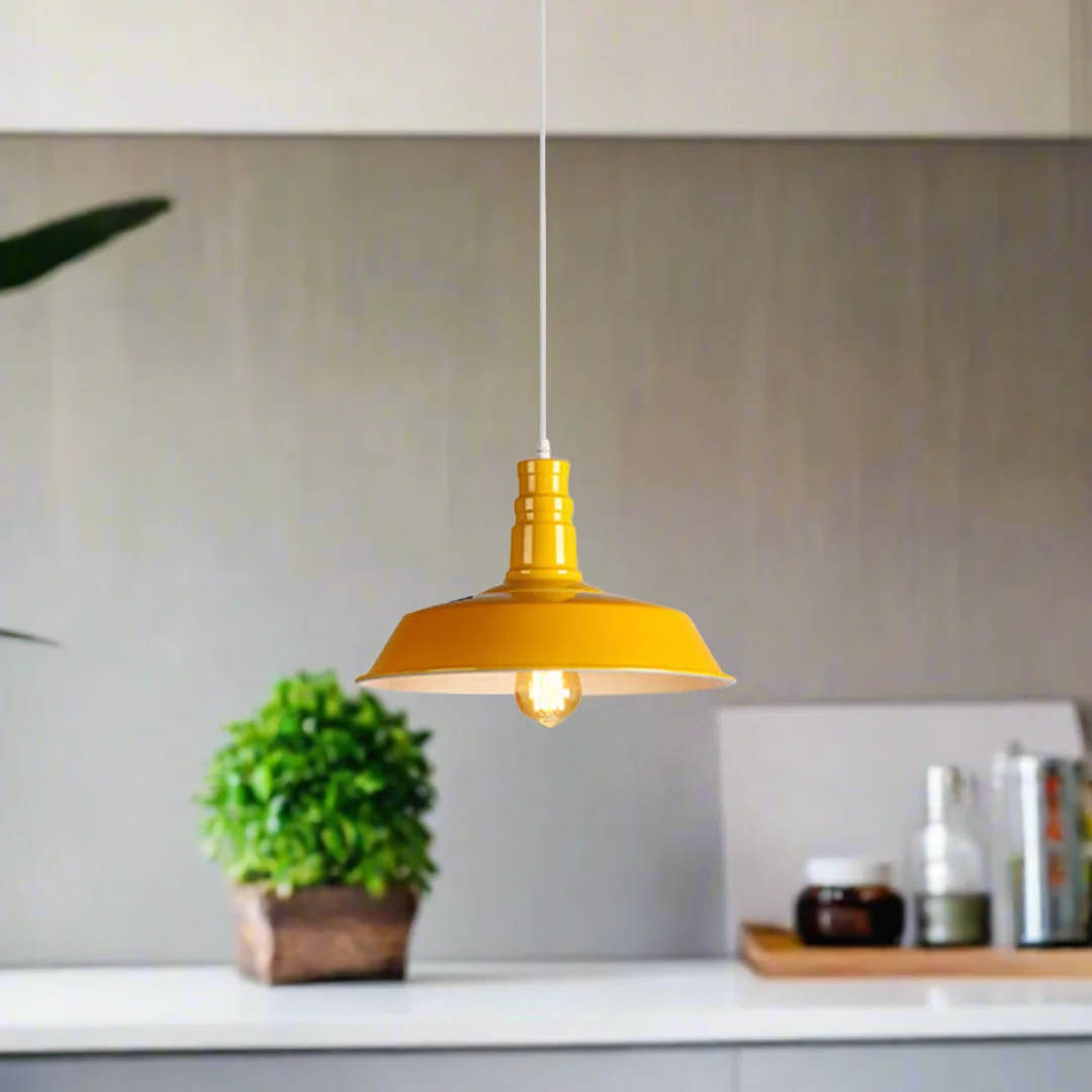Yellow pendant light with metal barn‑slot shade and adjustable 95cm cord