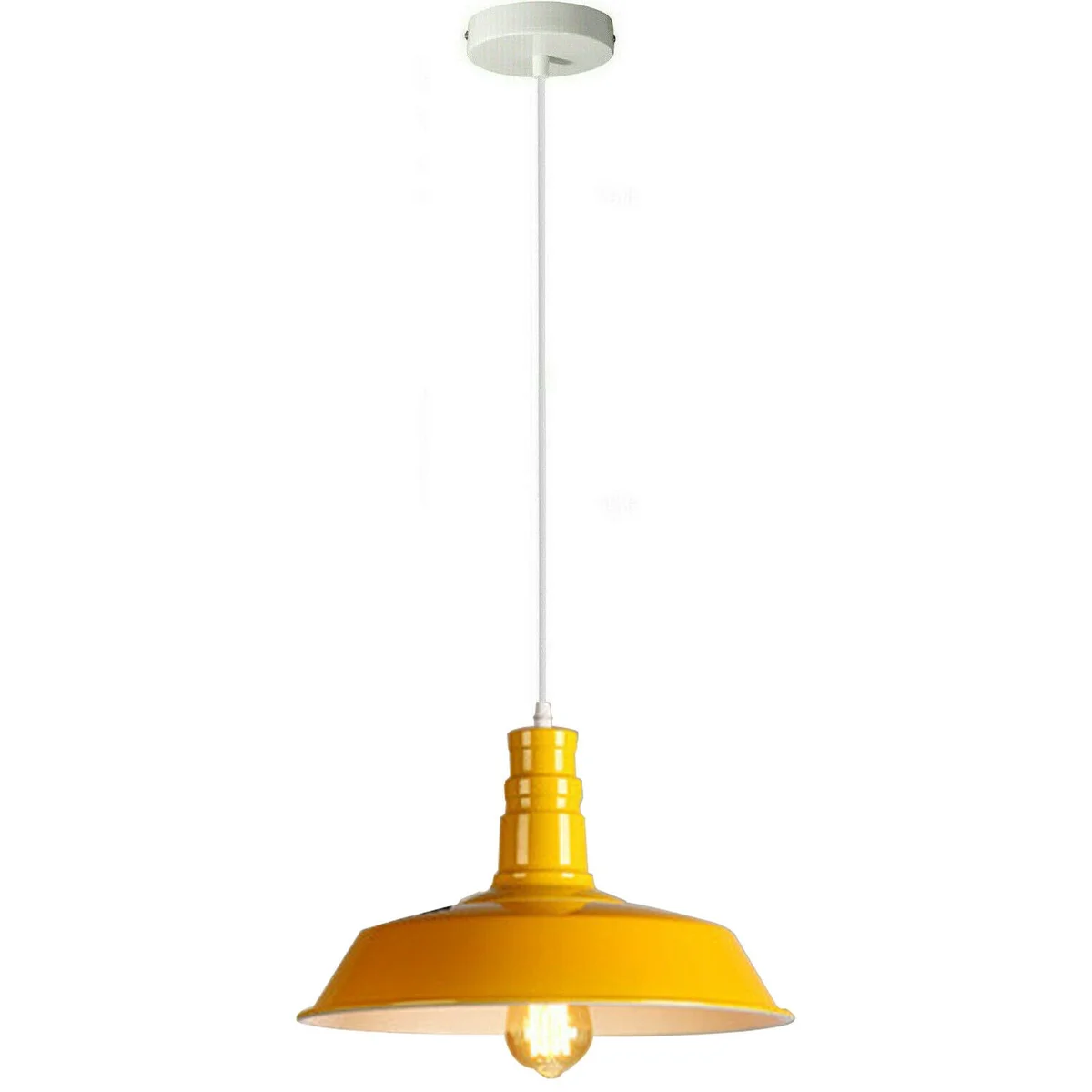 Modern pendant ceiling light with metal barn‑slot shade in yellow on white base, 95cm hanging cord.