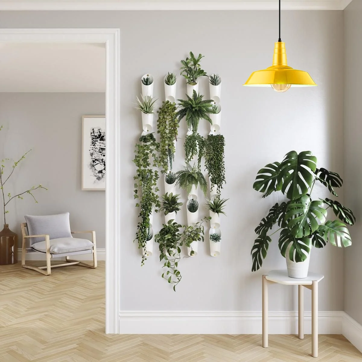 Yellow adjustable cable pendant light with metal barn‑slot shade and white interior, suitable for kitchen or living room.