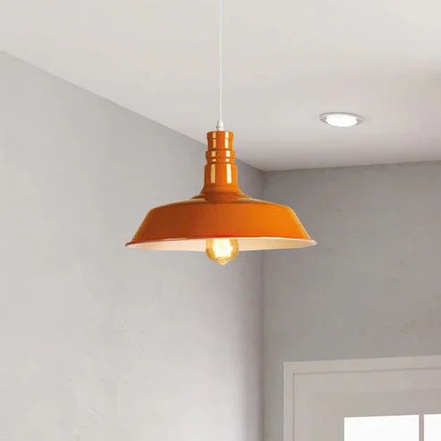 Orange industrial pendant light with plated metal body and E27 base, hanging above a modern kitchen counter