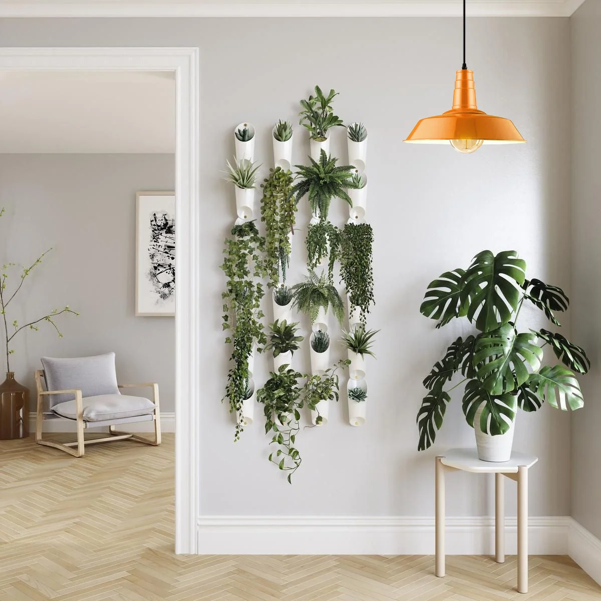 Orange industrial metal pendant light with E27 holder suspended from ceiling, an orange ceiling light for modern décor.