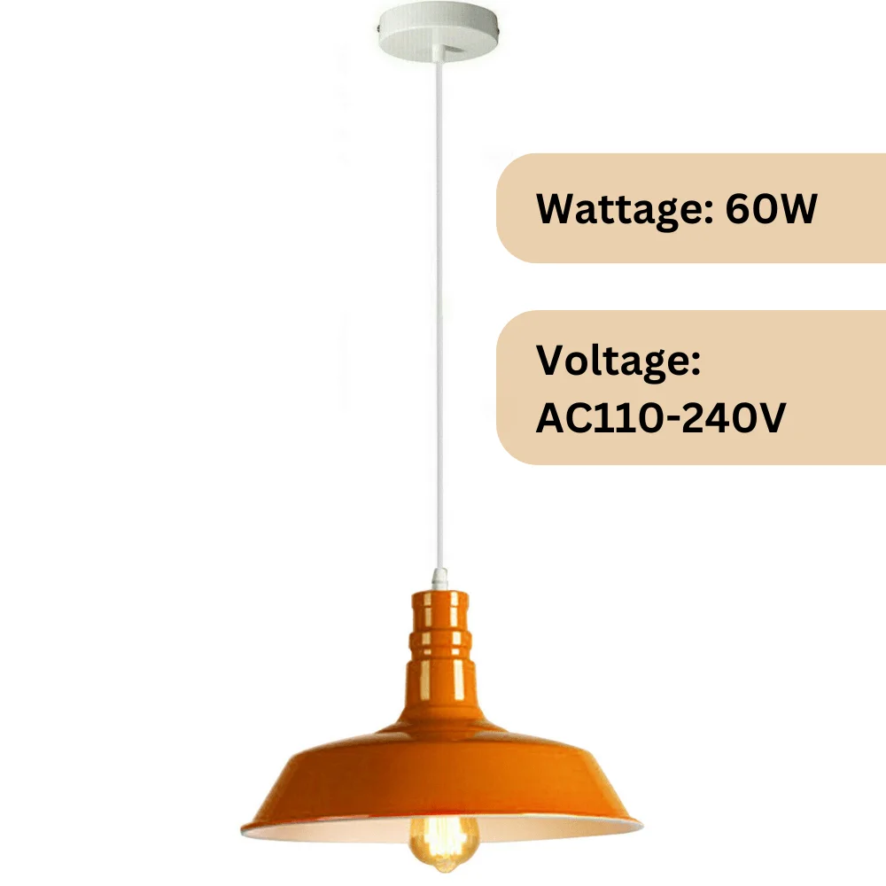 Modern pendant lighting with orange metal finish and E27 base, hanging over a neutral floor surface.