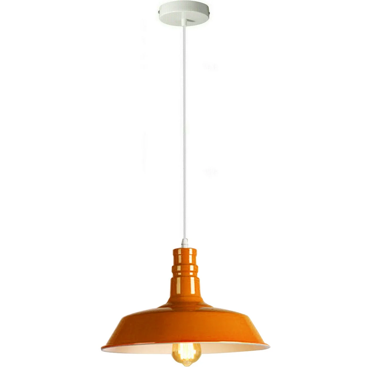 Orange metal pendant light with E27 base, mounted on ceiling, sleek industrial design.