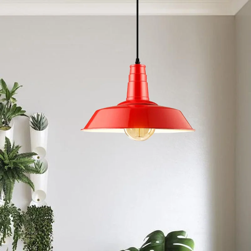 Red metal pendant light with plated shade, E27 holder, suspended from ceiling.