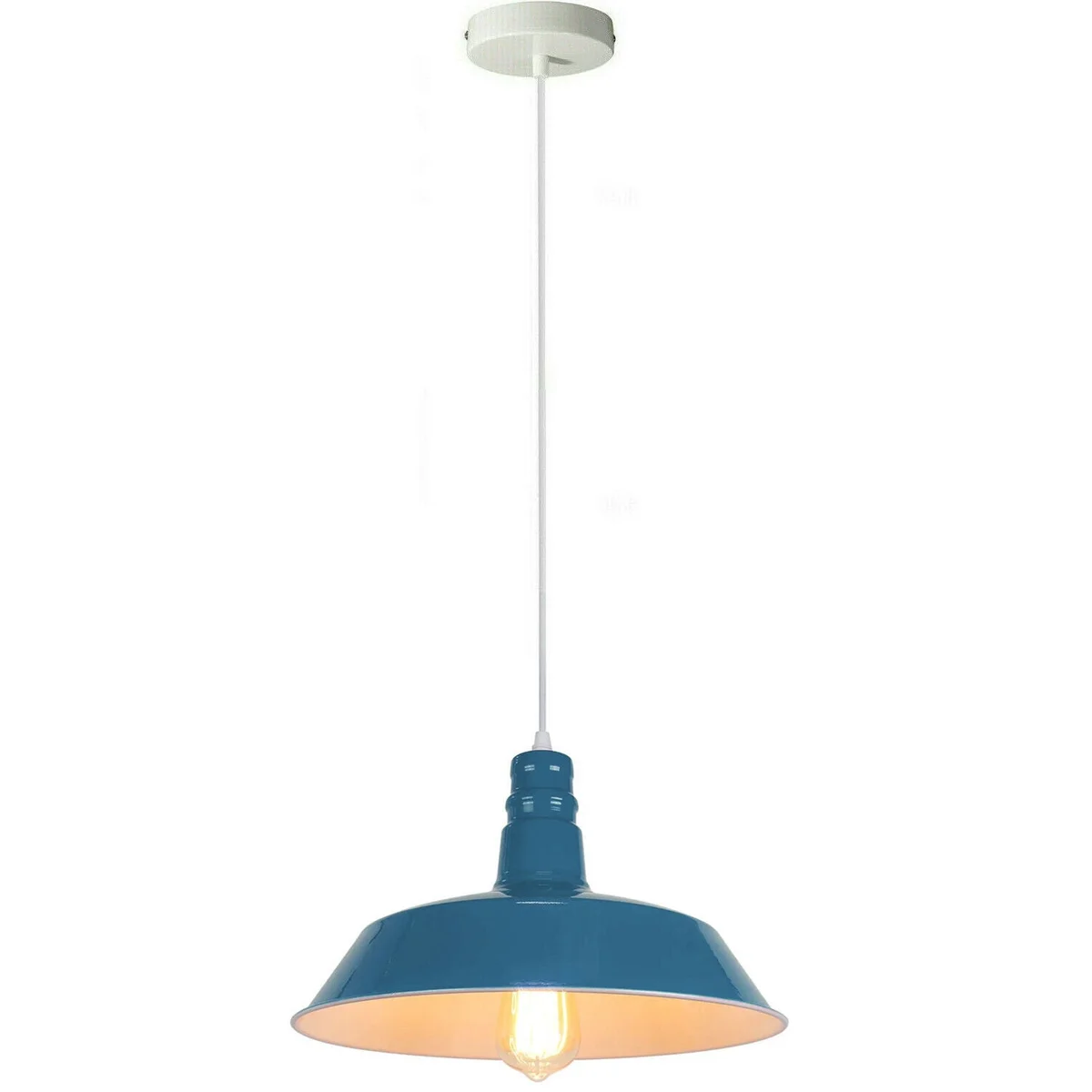 Blue pendant light with metal shade and E27 bulb hanging from ceiling