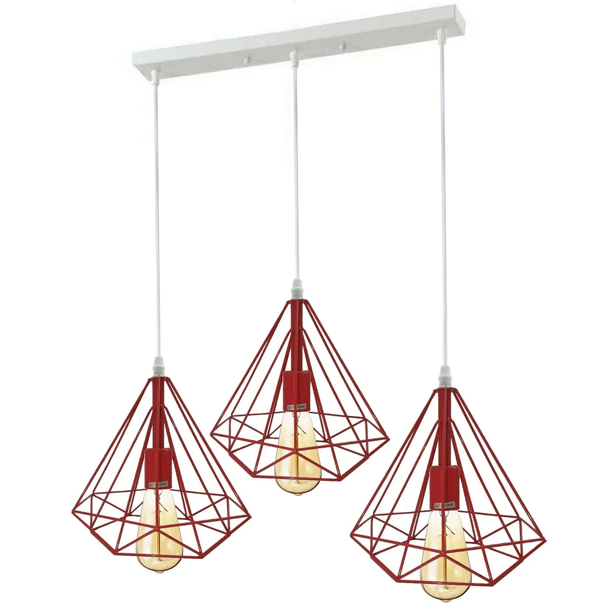 Red ceiling pendant light with three metal cages, each 260mm tall, hanging from a central ceiling rose.