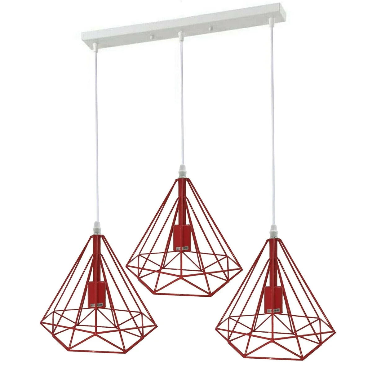 Red metal 3‑head industrial pendant light with Edison filaments, 260mm tall, 250mm diameter, 95cm cable.