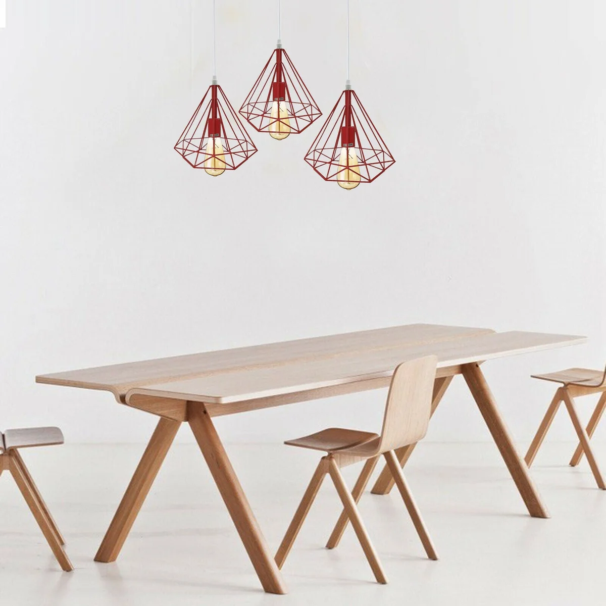 Red 3‑head metal cage pendant lamp with Edison‑style filament bulbs, 260mm height, hanging from ceiling