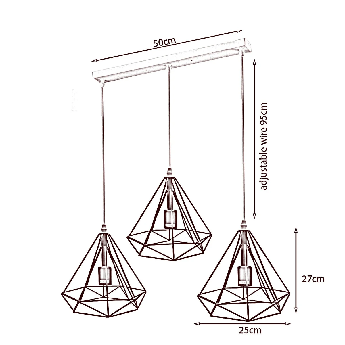 Green metal 3‑cage industrial pendant light with Edison‑style bulbs, hanging from a ceiling rose.
