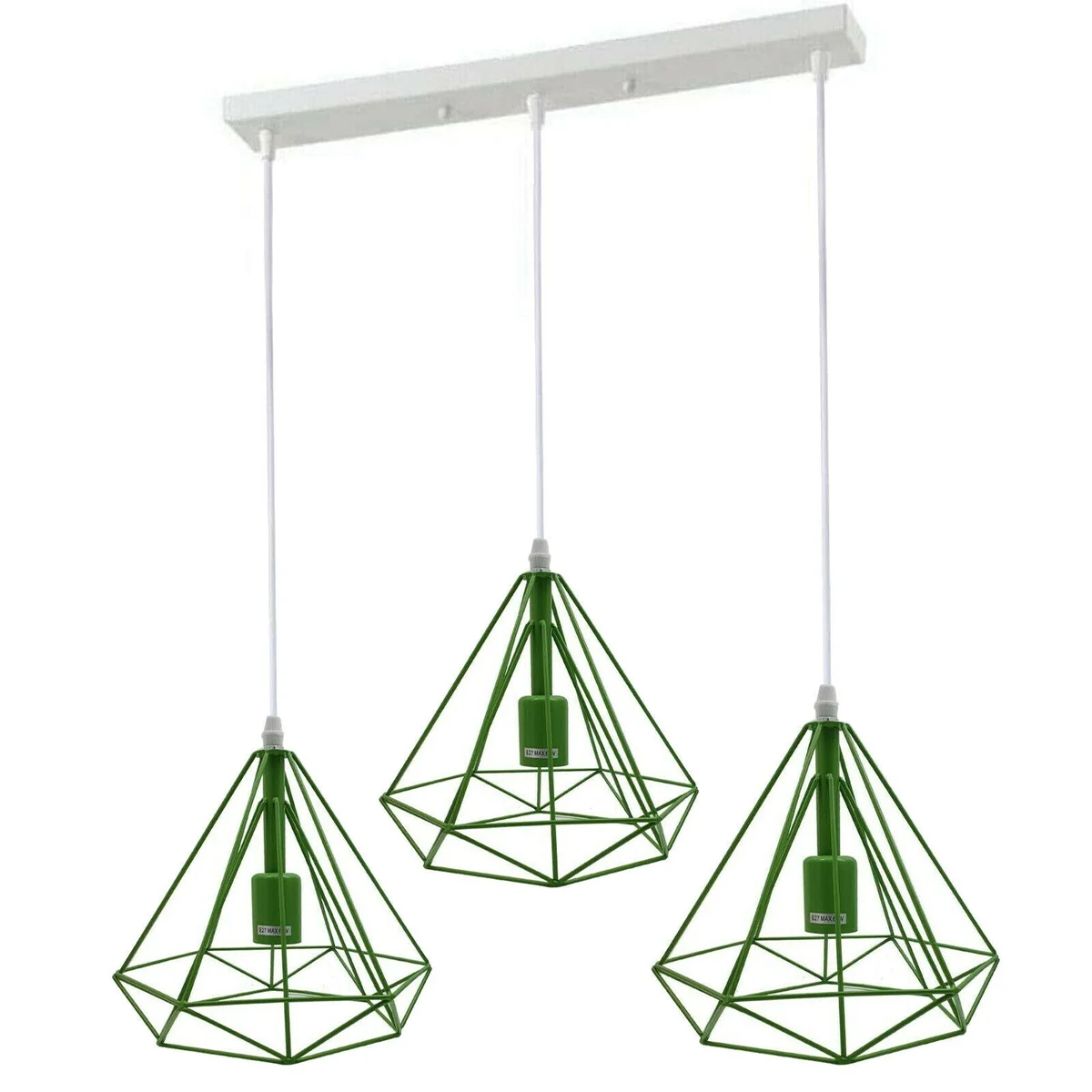 Green metal cage ceiling lamp with three Edison-style lights.