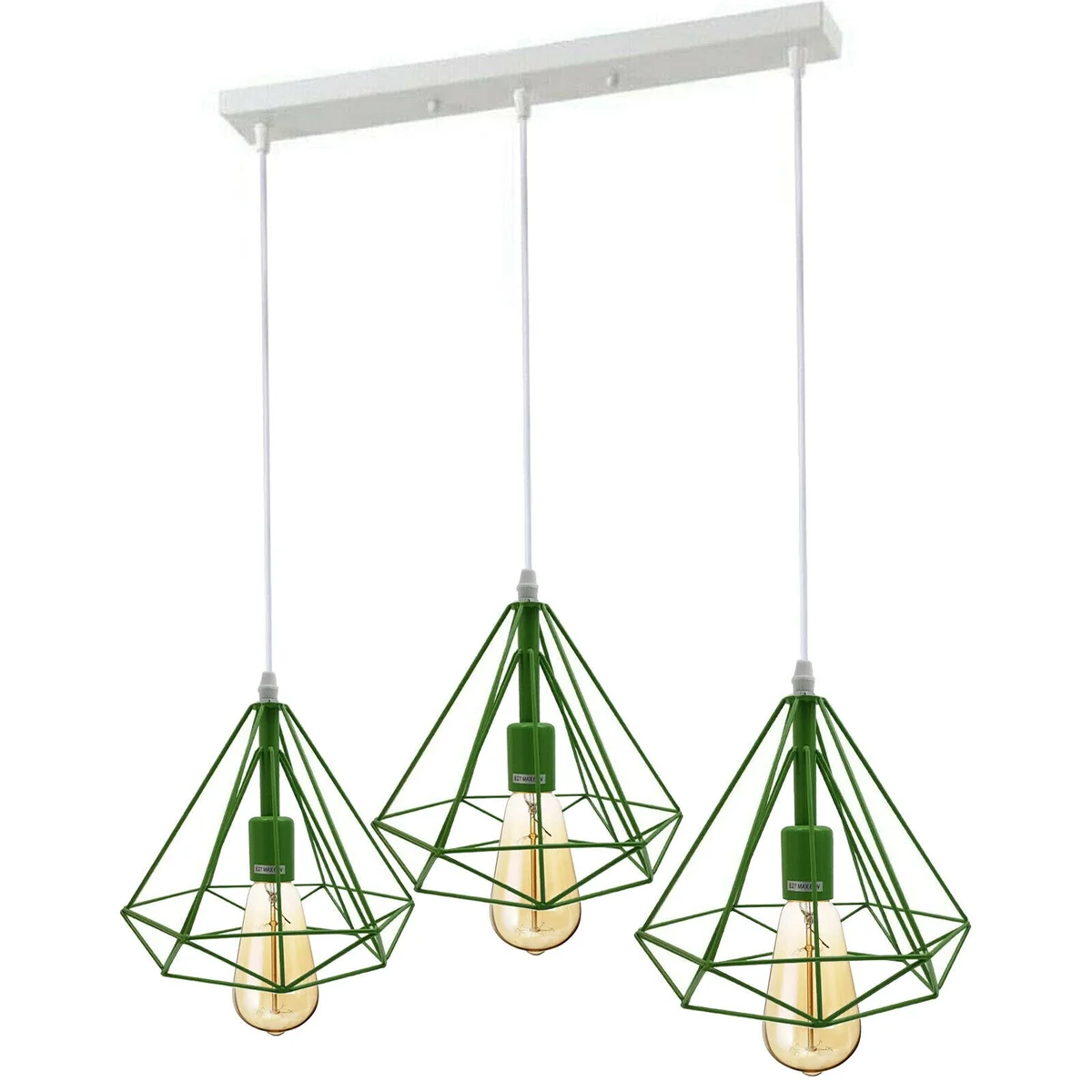 Modern green ceiling light, metal 3‑cage pendant with warm Edison‑style filaments, perfect for kitchen or living room décor.