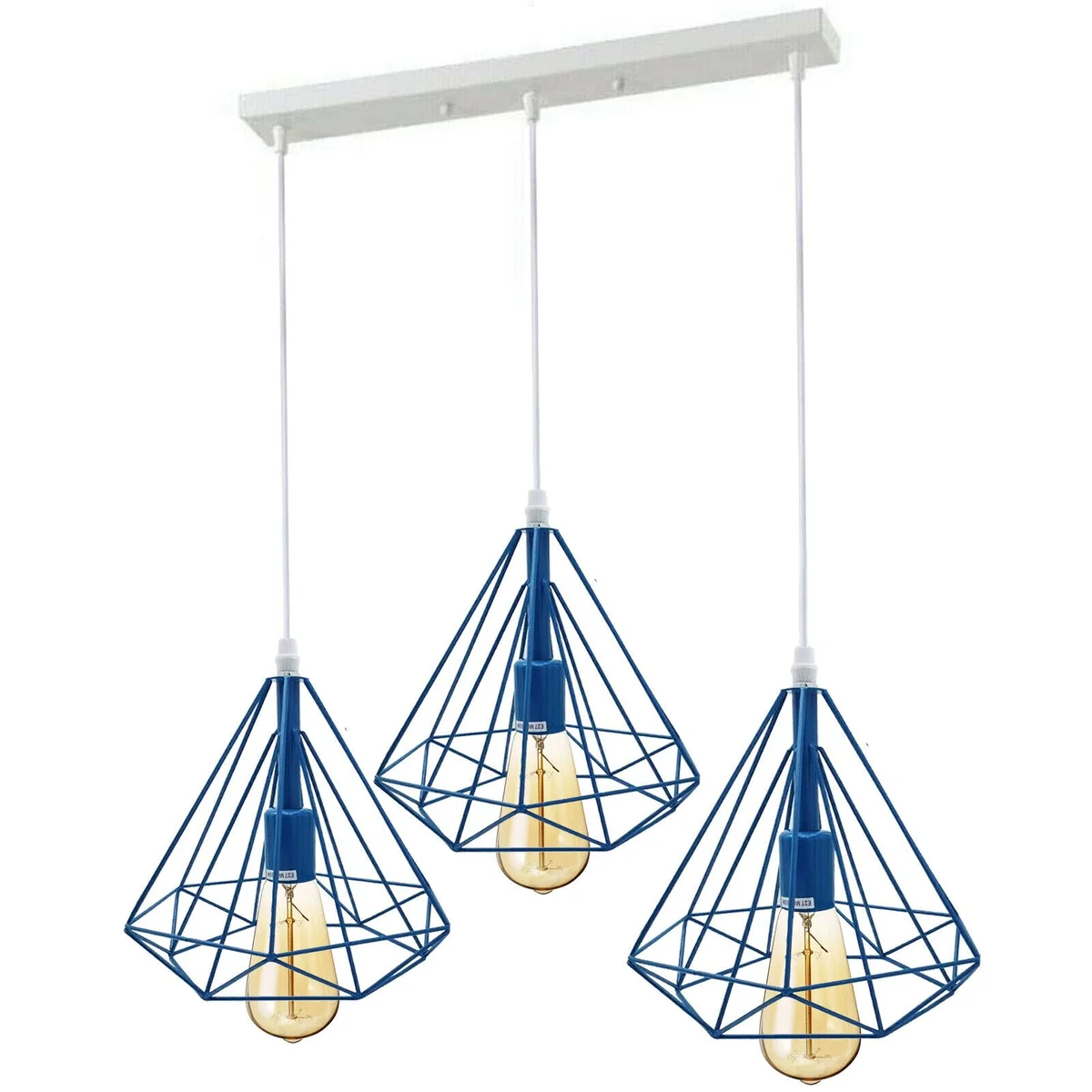 Blue metal cage industrial pendant lights hanging from 95cm cable, each with Edison‑style bulb, forming a modern trio.