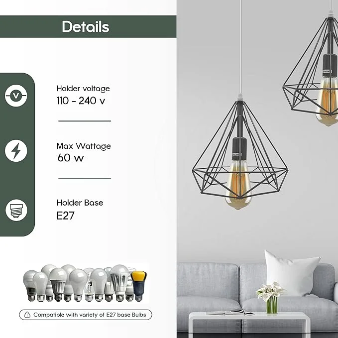 Blue metal cage pendant light with three Edison style filaments, hanging from ceiling in a minimal modern setting.
