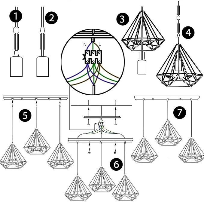 Blue industrial ceiling lamp with three metal cages holding Edison‑style filament bulbs, hung from a hardwired ceiling rose.