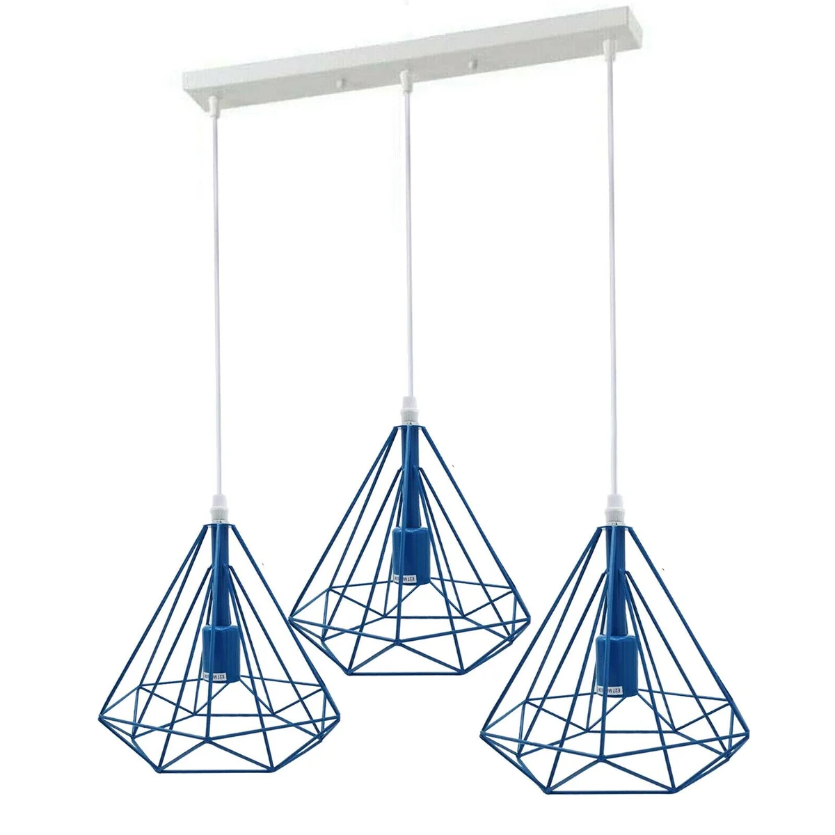 Blue metal 3‑cage E27 bulb pendant light with Edison filament hanging from ceiling