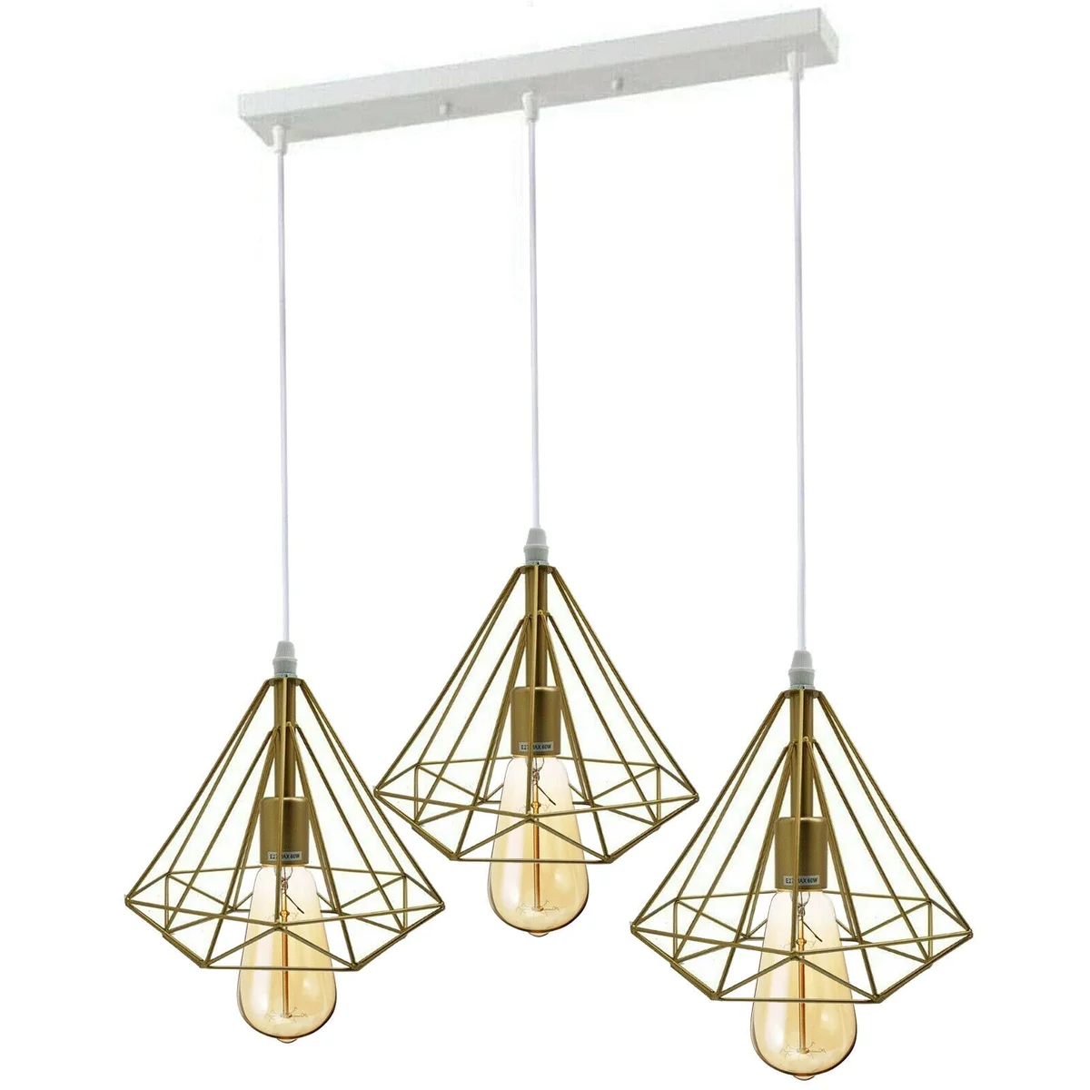 Gold ceiling pendant lights with three metal cages and Edison-style bulbs, hanging from a ceiling, 95cm cable visible.