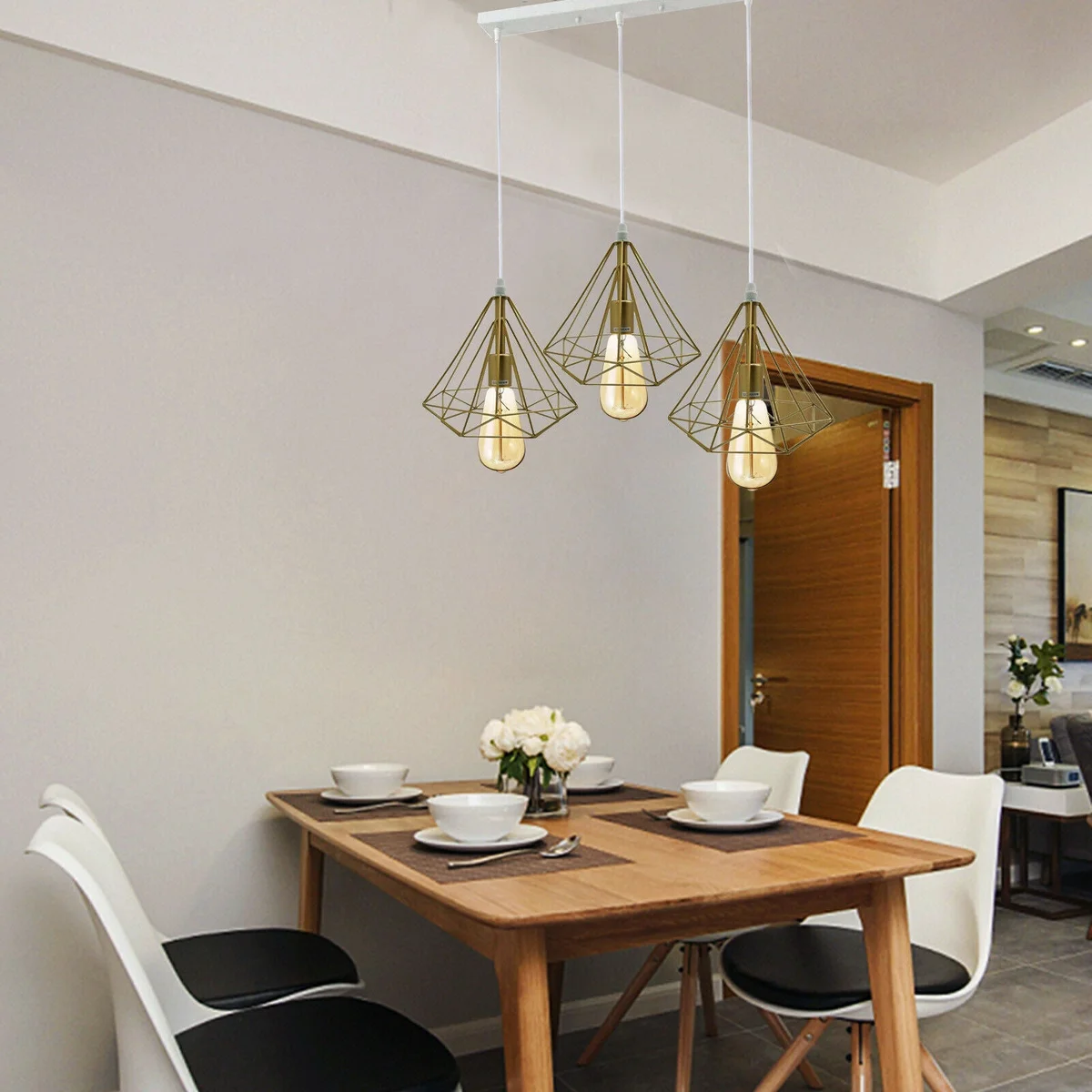 Gold 3‑head industrial pendant light with metal cages, E27 sockets, 95cm cable.