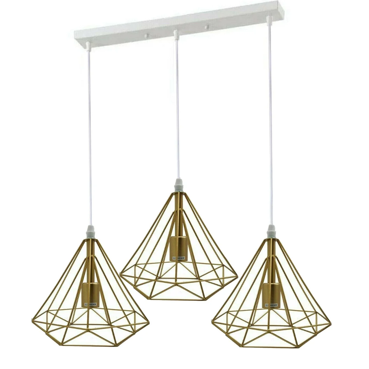 Three‑head gold metal pendant lamp with E27 socket on a hardwired ceiling rose, 25 cm length, 95 cm cable.