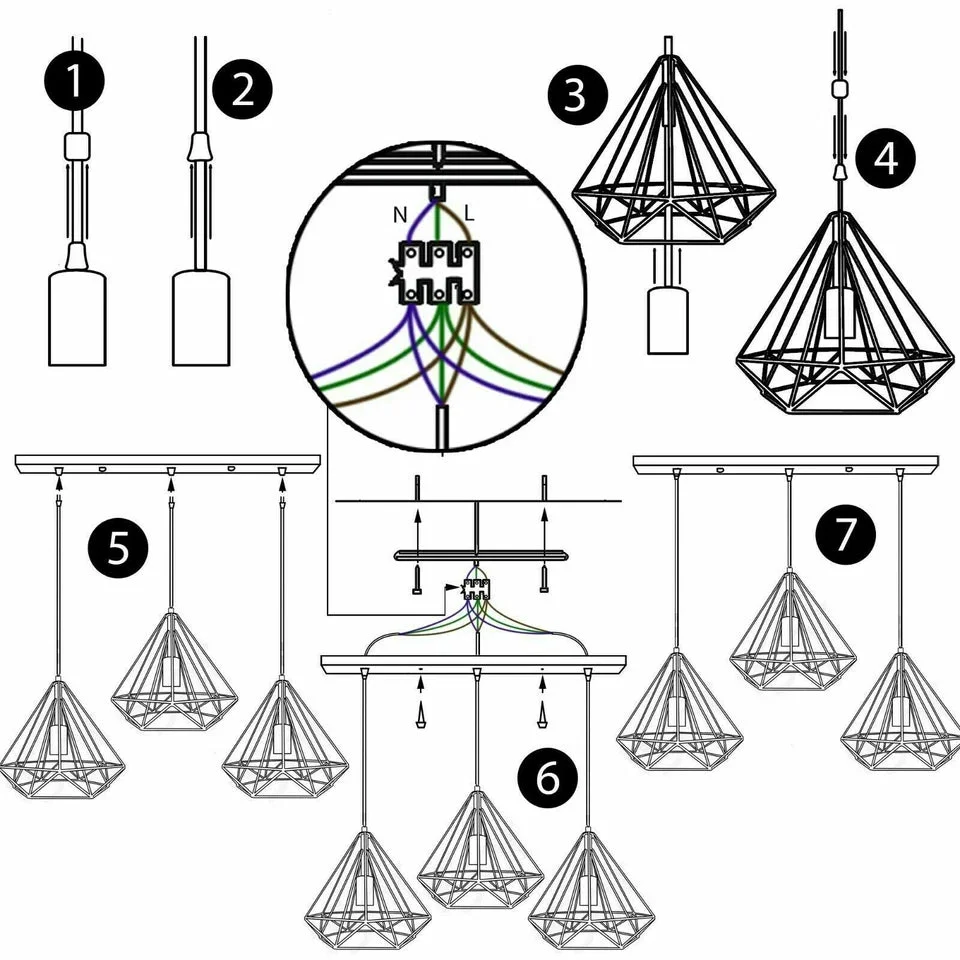 Three gold metal pendant lights hanging from a hardwired ceiling, Edison style bulbs visible, 3‑cage design
