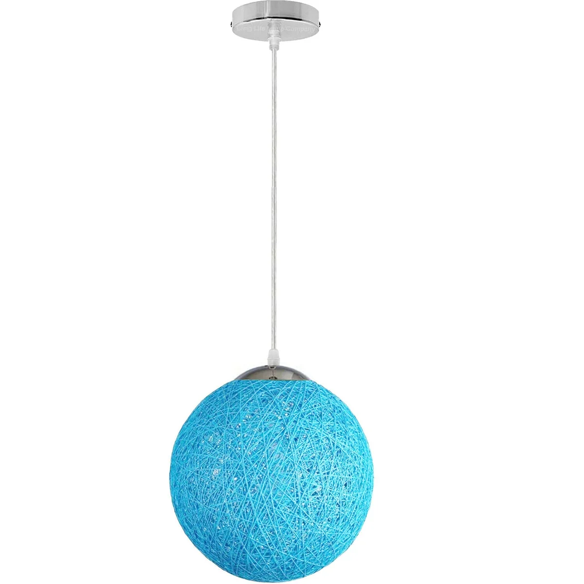 Blue rattan ceiling light with woven wicker shade, 20 cm diameter, hanging from 95 cm wire, iron support, warm white LED