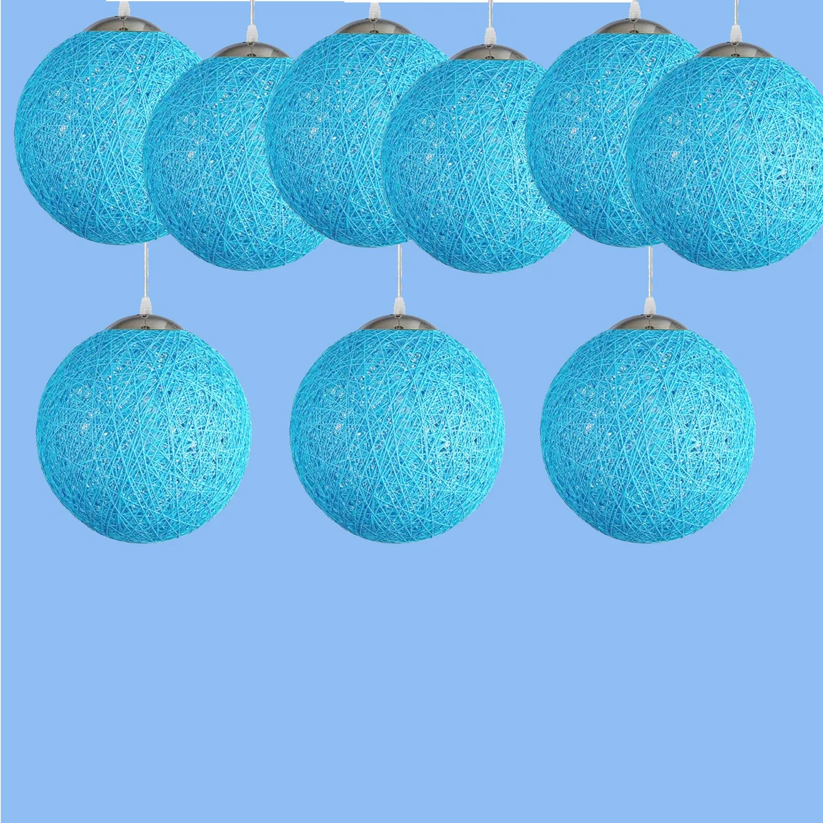 Blue rattan lampshade hanging from 95cm wire, showing 20cm diameter, iron ring base, E27 holder, LED light, ceiling fixture