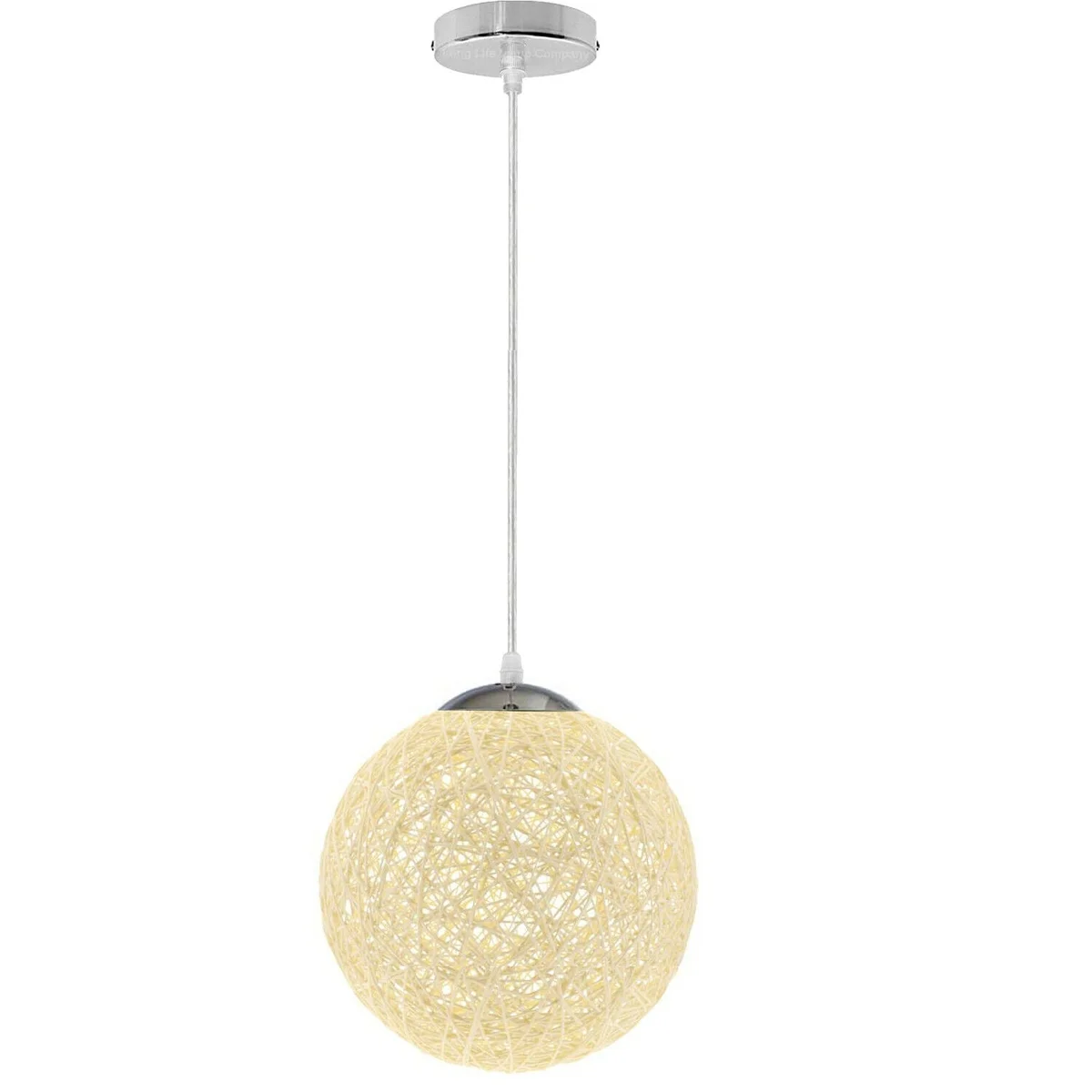 Cream rattan pendant light with lattice globe shade, 20 cm diameter, iron frame, hanging with 95 cm wire