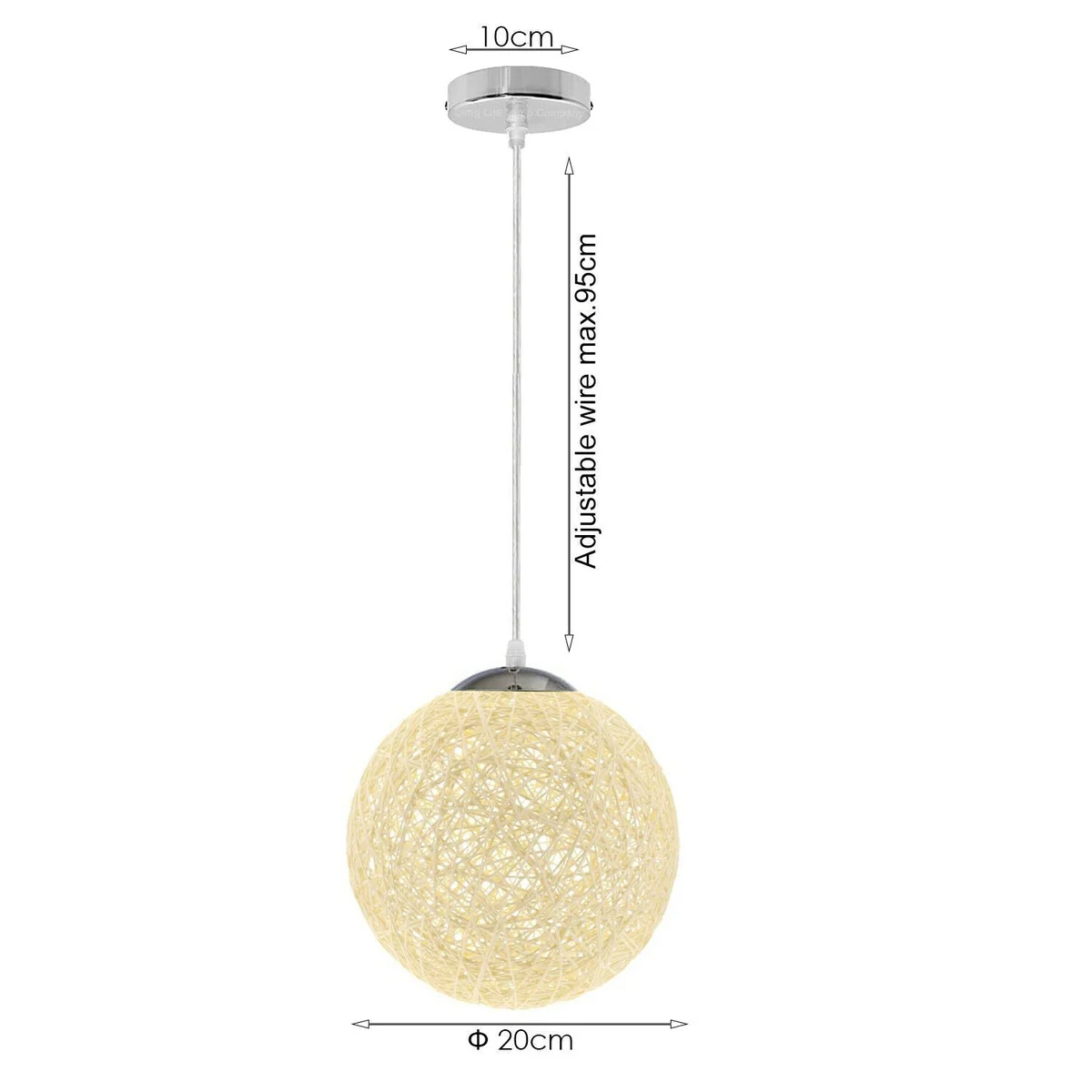 Cream rattan ceiling pendant with globe‑shaped wicker shade, 20 cm diameter, hanging from 95 cm electric cable with E27 socket.