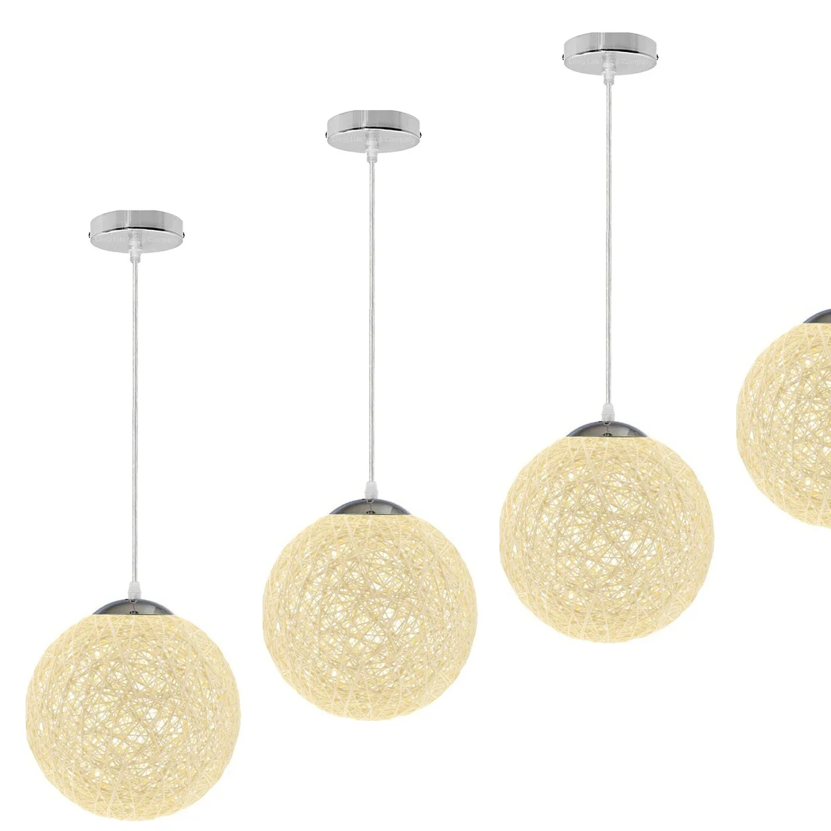 Cream‑colored wicker rattan lampshade hanging from ceiling, globe shape, 20 cm diameter, with standard E27 socket.