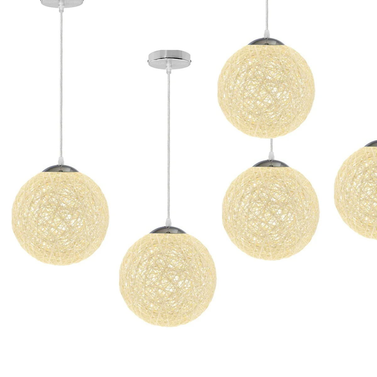 Cream rattan lattice pendant light with E27 socket, round 20cm diameter, hanging from ceiling.