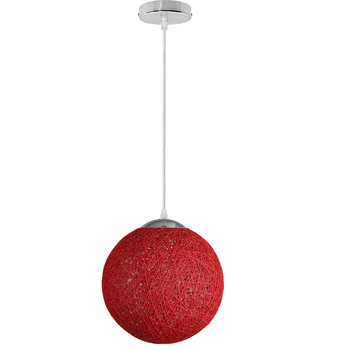 Red rattan pendant light with full wicker shade, 20 cm diameter, mounted on ceiling ring with 95 cm cord, includes E27 socket.