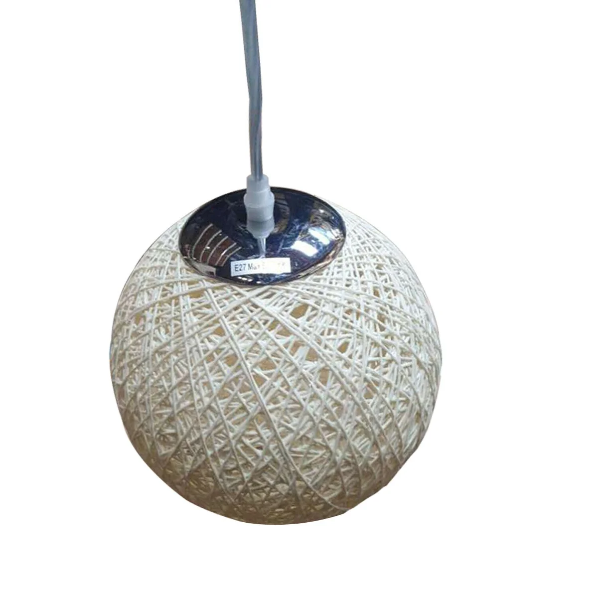 White rattan pendant lampshade with woven wicker, 20cm diameter, mounted on E27 socket with warm LED bulb