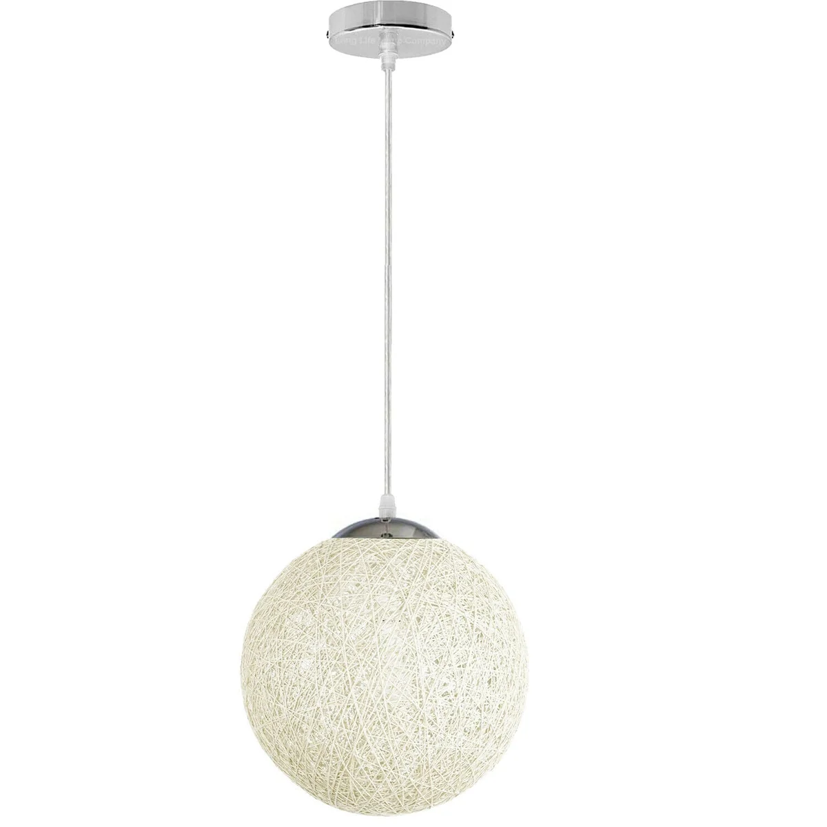 White rattan lampshade: round woven ball, 20 cm diameter, hanging by 95 cm electric wire from ceiling, filled with warm LED bulb.