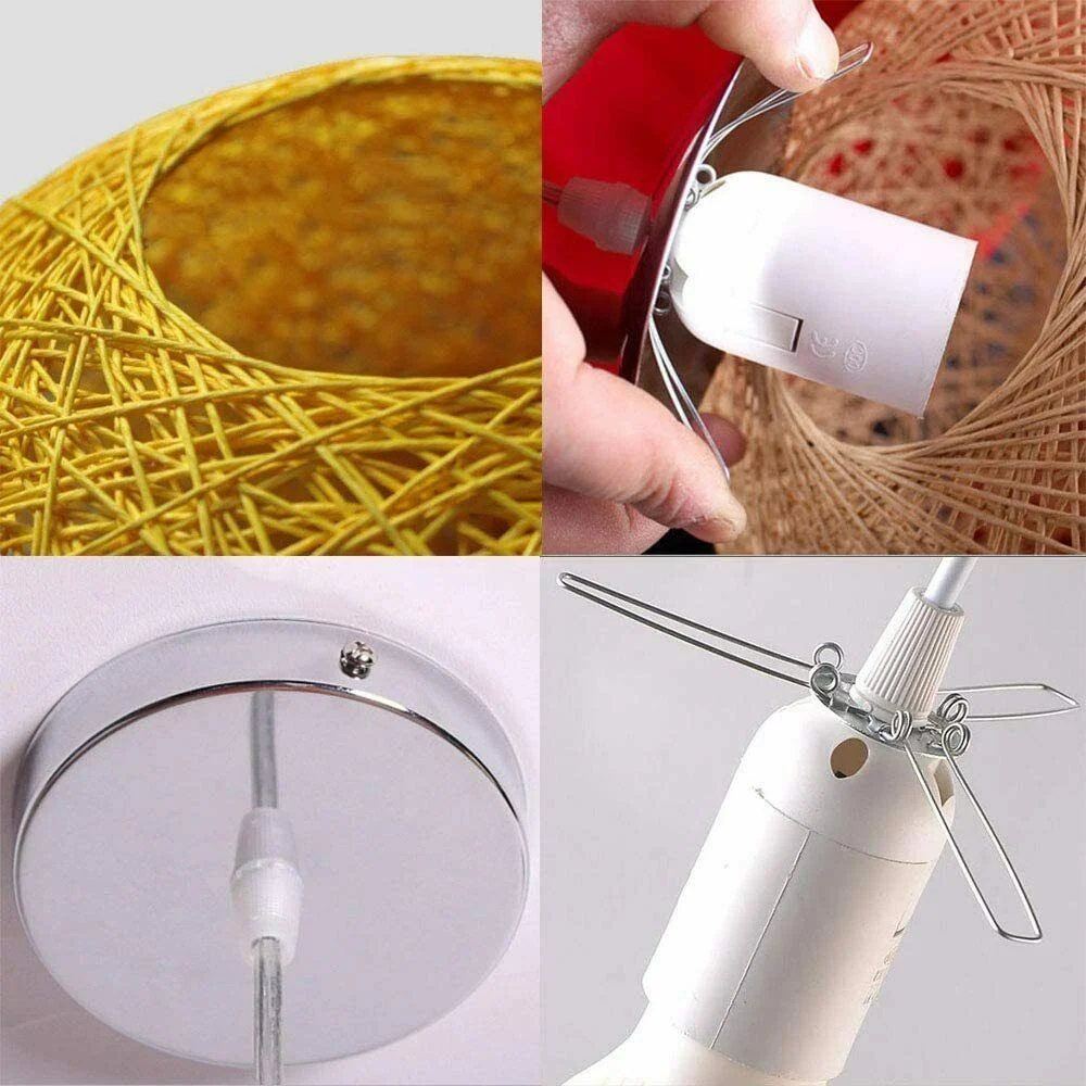White round woven rattan ceiling light pendant with warm LED bulb, 20 cm diameter hanging from 95 cm cord.
