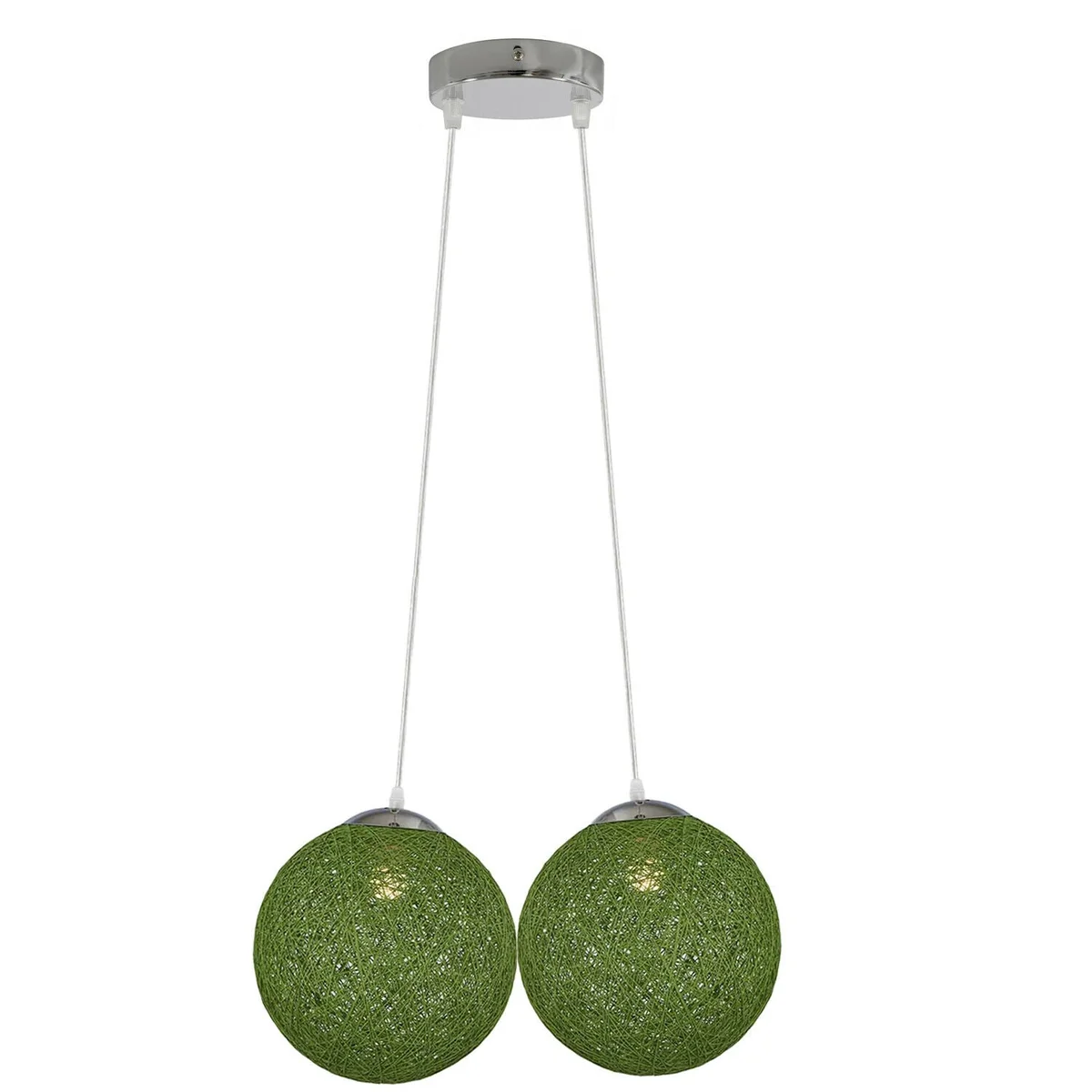 Green wicker ball pendant light on iron frame, 20 cm diameter rattan shade, 95 cm cord.