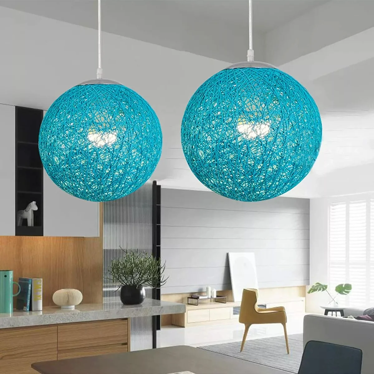 Blue rattan pendant light with two 20 cm lampshades hanging from an iron base, featuring E27 sockets and a 95 cm wire.