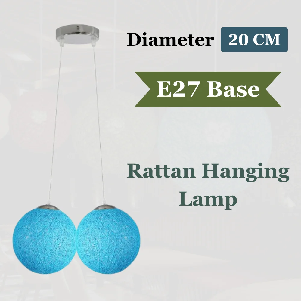 Blue rattan wicking E27 hanging lamp with two heads, hanging from a 12cm ceiling plate, 20cm diameter shade.