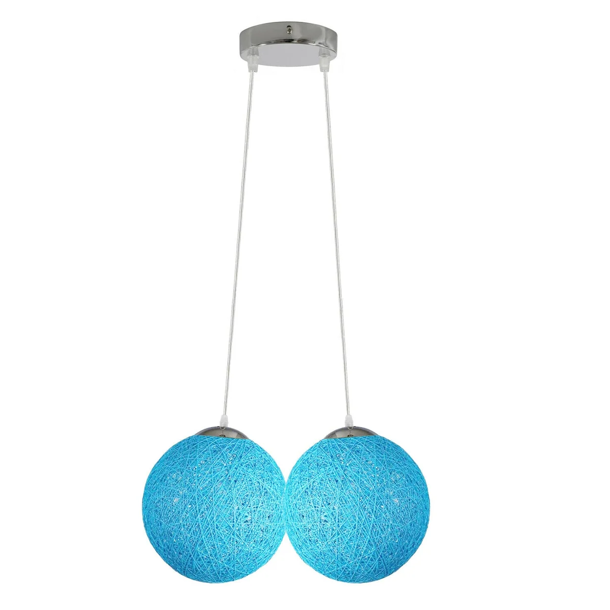 Blue wicker pendant lamp with two rattan heads on iron base, 20 cm diameter, hanging with 95 cm cord