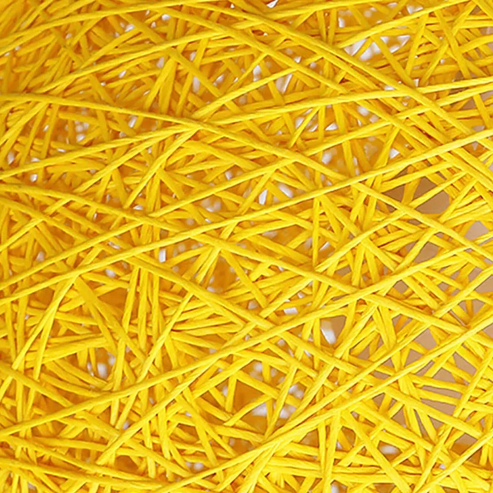 Yellow rattan wicker ceiling light pendant with iron base, 20 cm diameter shade and 95 cm hanging wire.