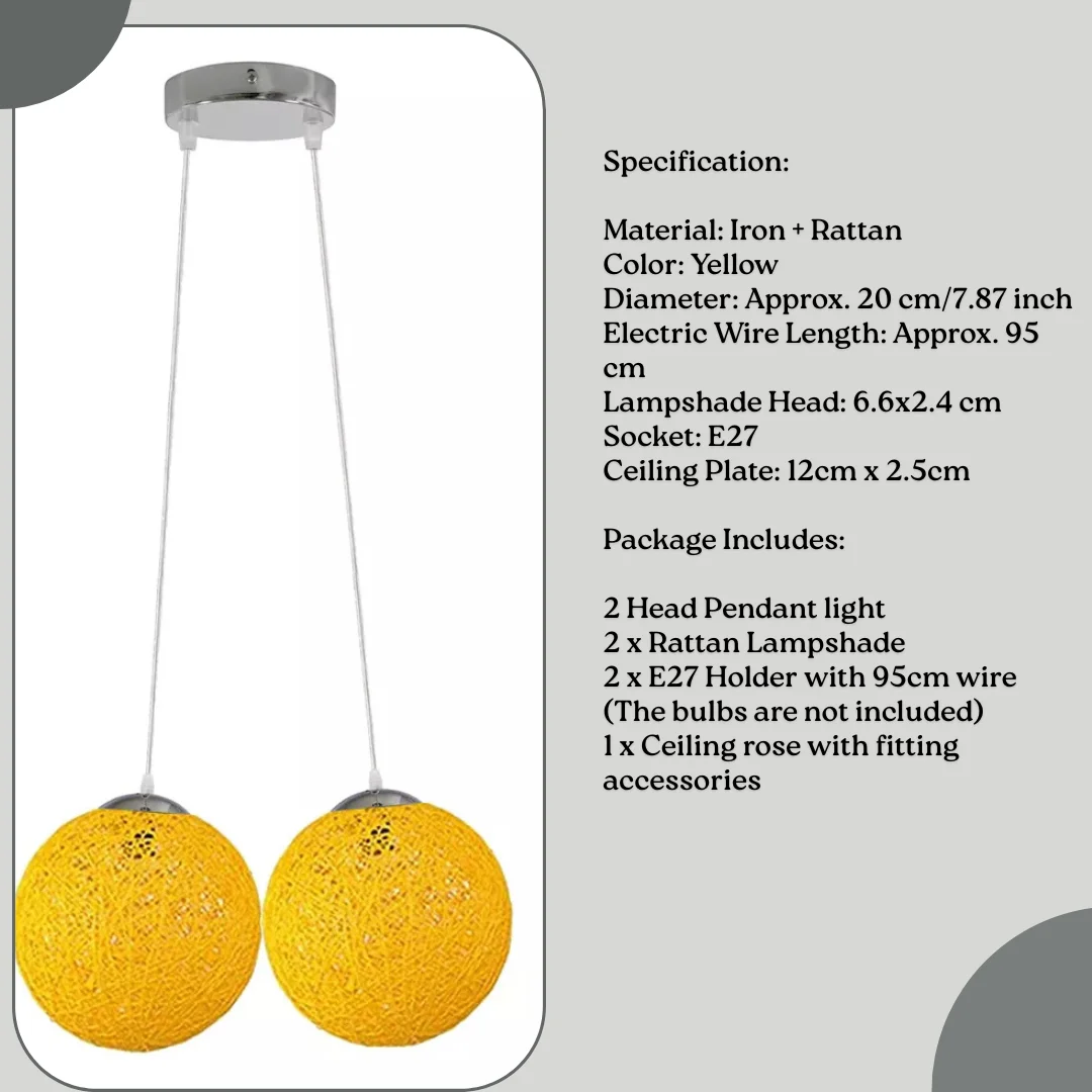 Yellow rattan wicker pendant lamp, globe-shaped with iron base, 20 cm diameter, perfect decorative dining room light