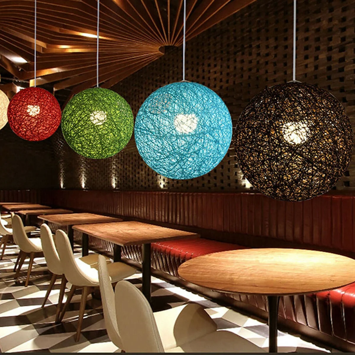 Red rattan wicker globe pendant lamp with E27 socket, 20 cm diameter, 95 cm cable, iron base.