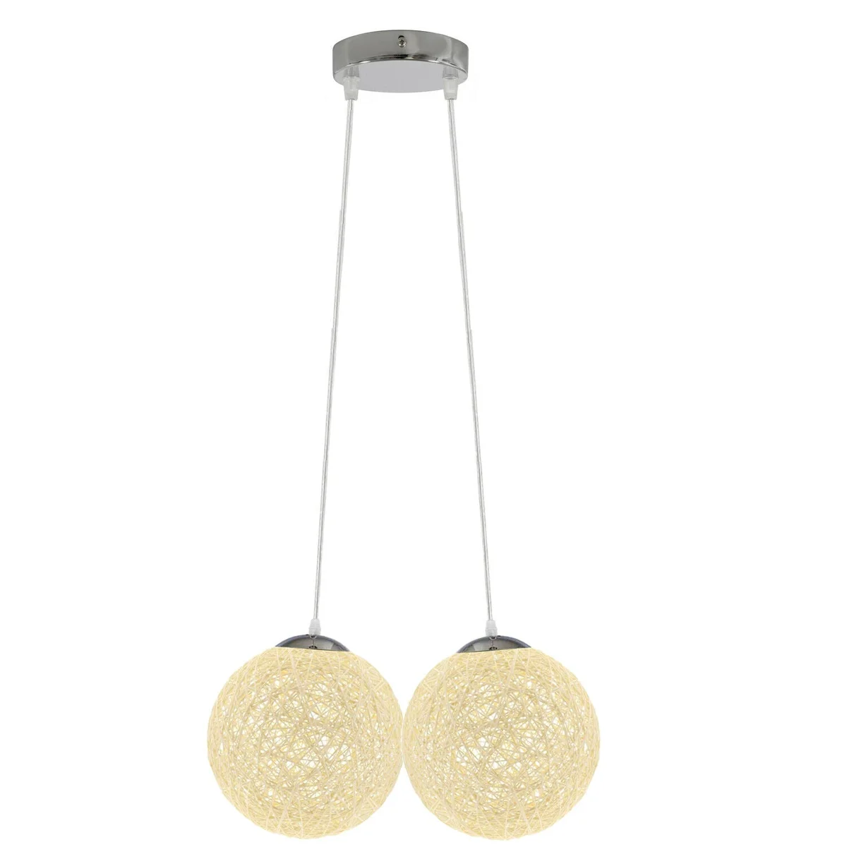 Cream rattan pendant light with woven ball globe design, two outlets, and 95cm electric wire included.