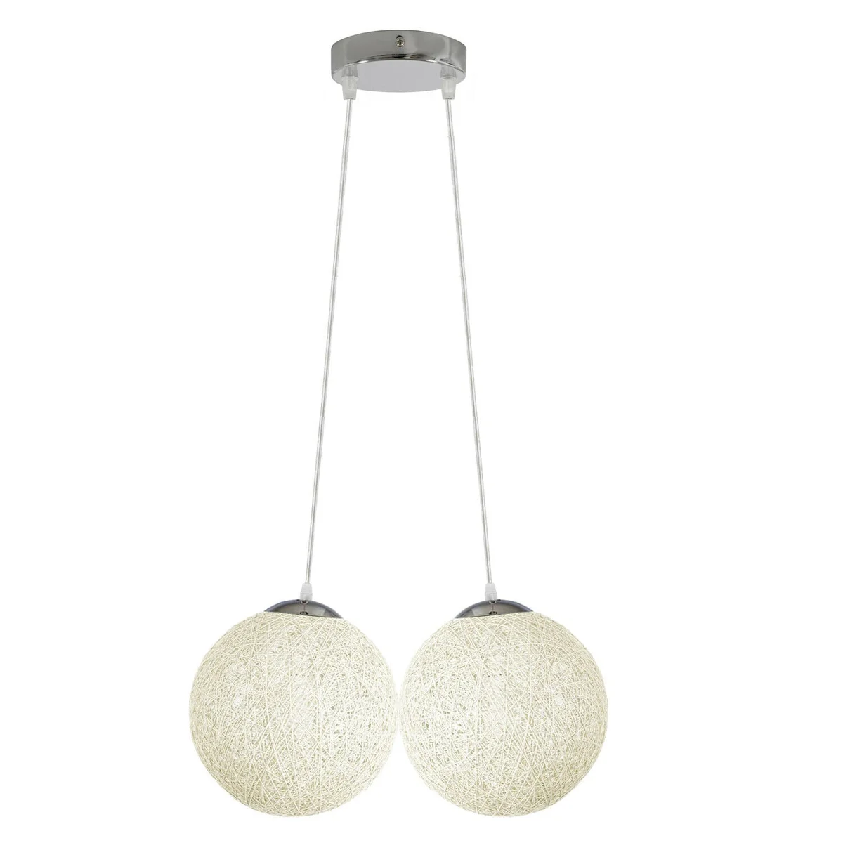 White rattan pendant lamp with woven wicker ball shade, iron base, 20 cm diameter, 95 cm cord.