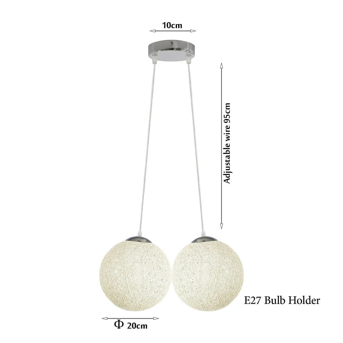 White rattan lampshade suspended from iron holder, 20 cm diameter, 95 cm wire, E27 socket, bright ambient light.