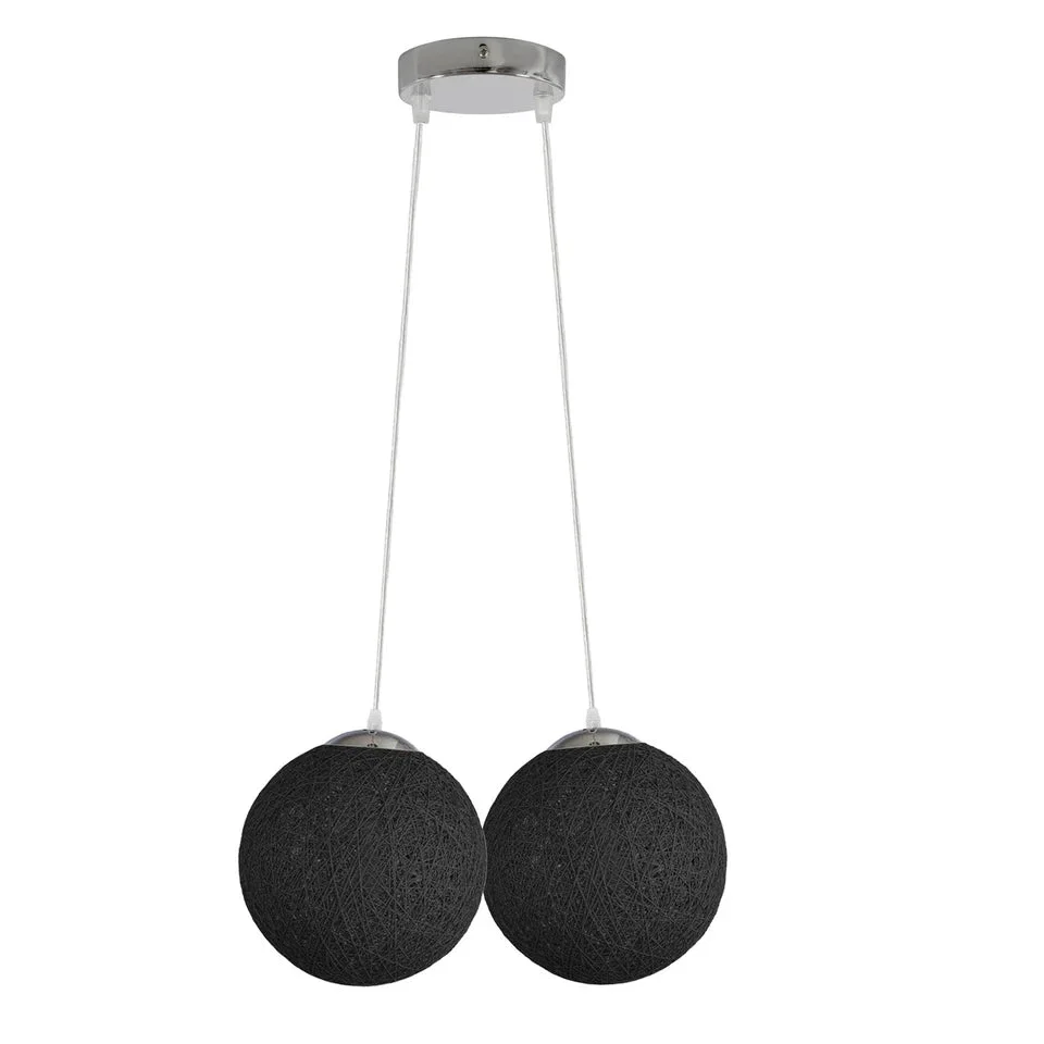 Two black rattan pendant lights with woven ball-shaped shades and 95cm wires for ceiling mounting, E27 socket compatible