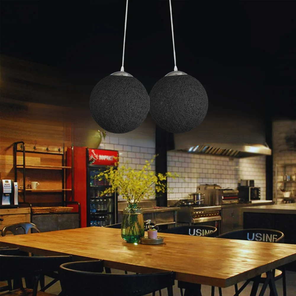 Two black rattan wicker lampshades with woven ball globe design, hanging pendant lights with 95cm cords and E27 sockets