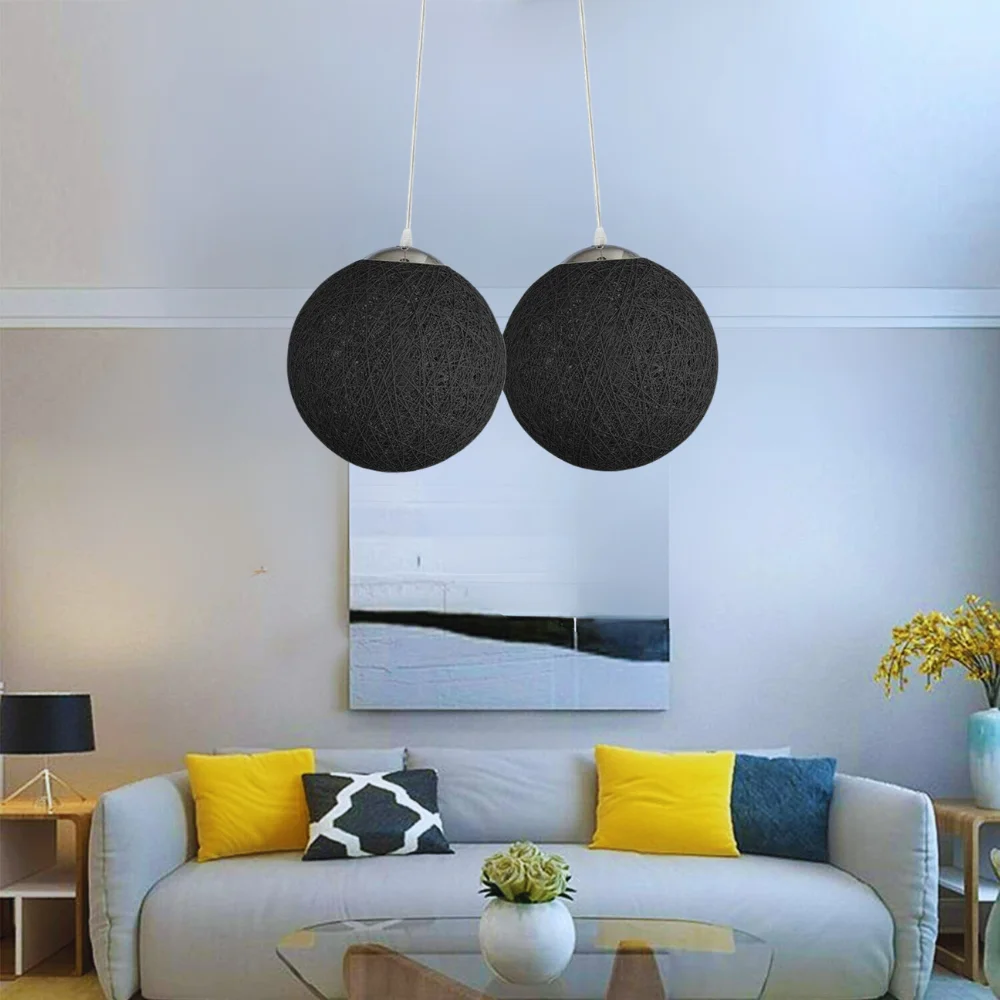 Two black rattan wicker globe pendant lampshades with E27 socket pendant and 95cm wires for ceiling installation