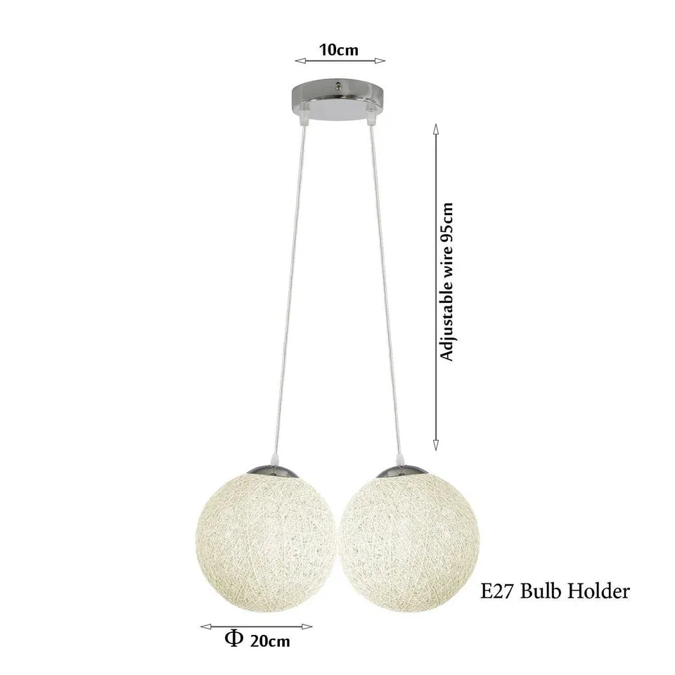 Two outlet ceiling light with black rattan wicker woven ball globe pendant lampshades and 95cm wires hanging side by side