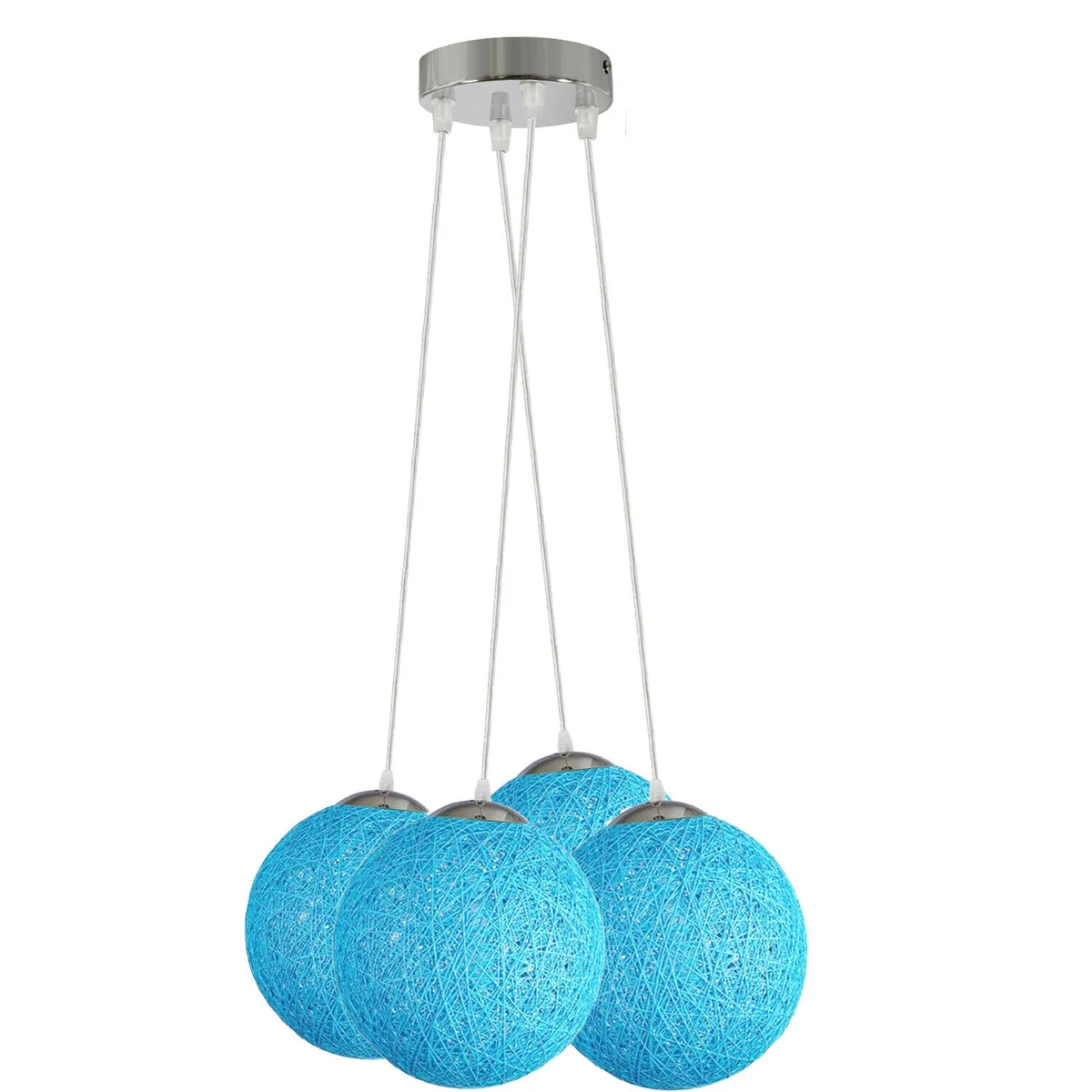 Blue rattan pendant light with woven wicker shade, four outlets, 95cm wires, suitable for E27 bulbs, modern design