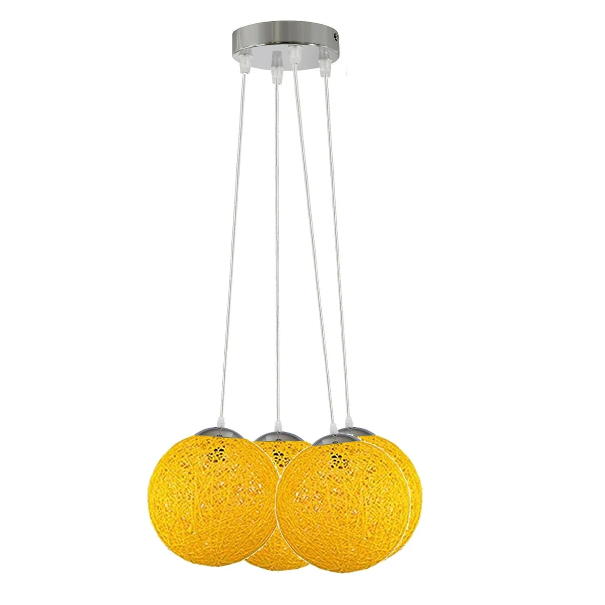 Yellow rattan pendant light with woven ball design, 20cm diameter, includes 95cm wire and mounting accessories