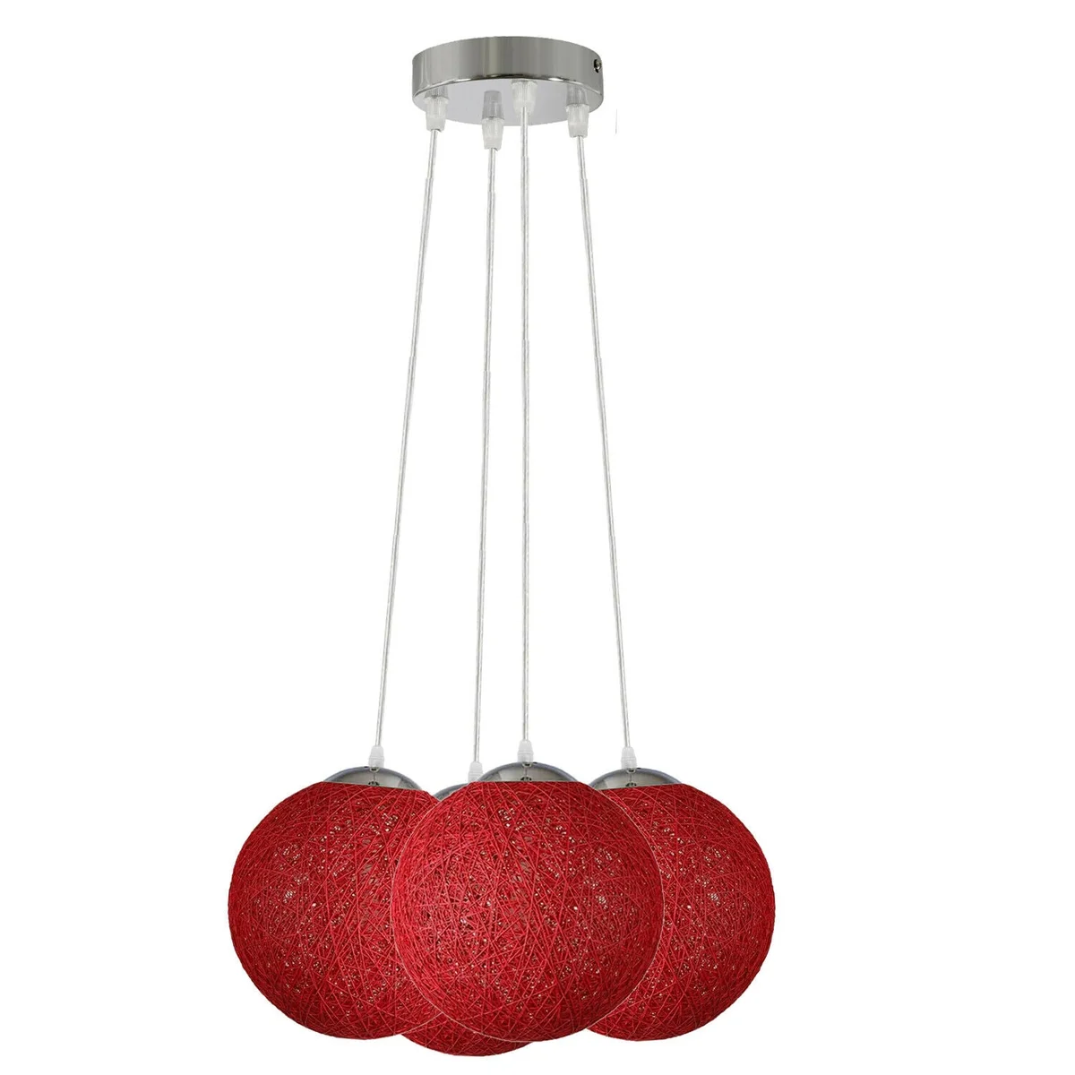 Red rattan pendant light with four woven wicker globe shades and 95cm wires for ceiling installation
